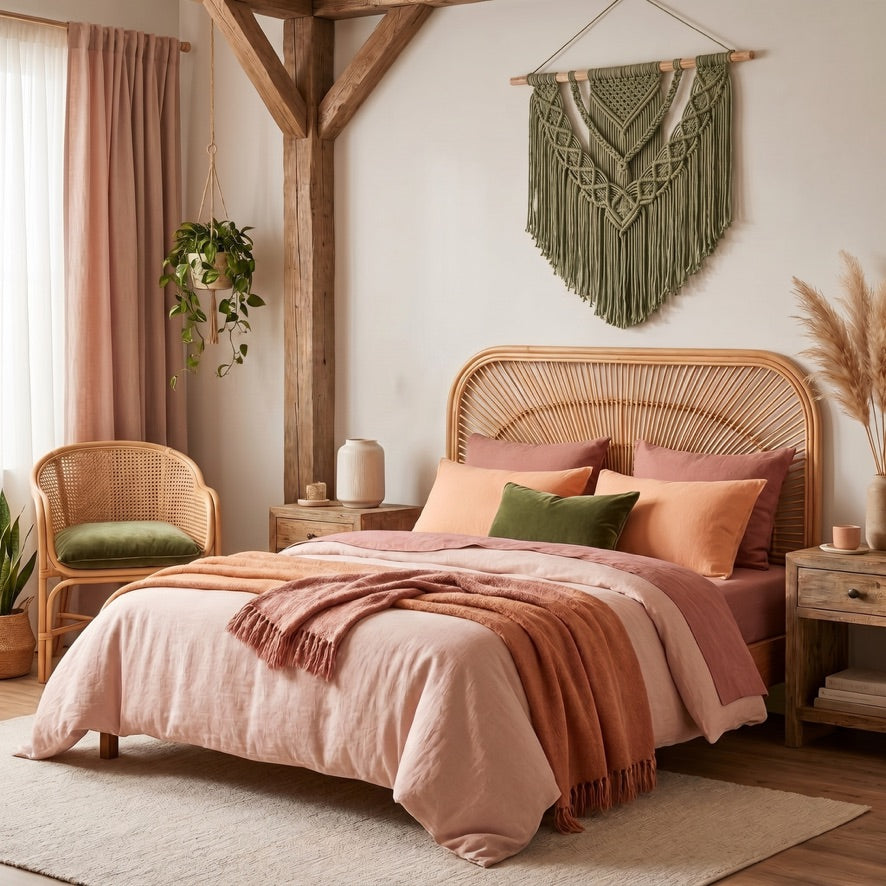 Calm natural boho bedroom with rattan headboard