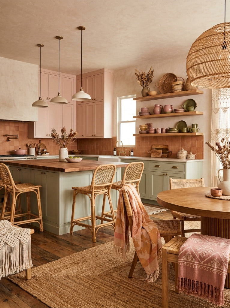Natural bamboo home accessories styled on a kitchen island