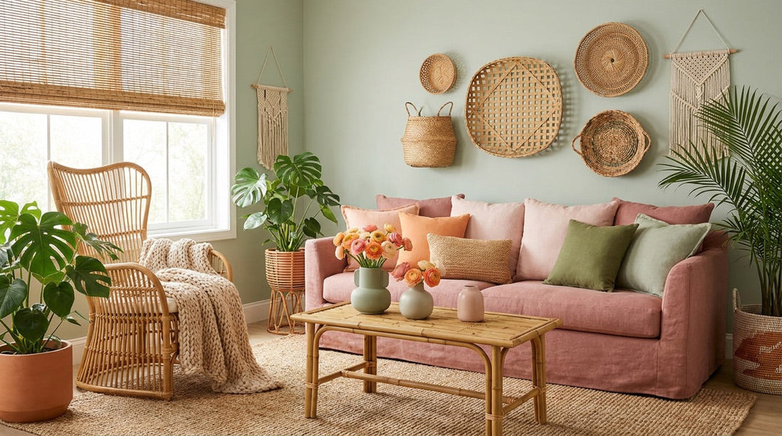 Boho living room with rattan chair and natural decor