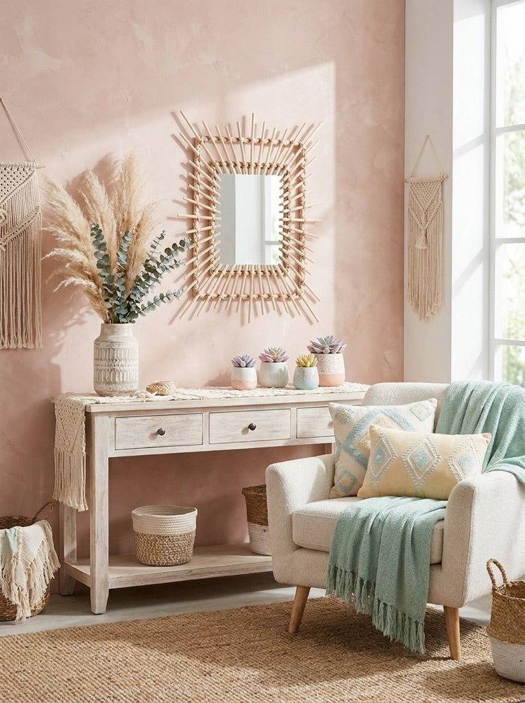 Blush pink boho living room with rattan mirror and macrame wall art