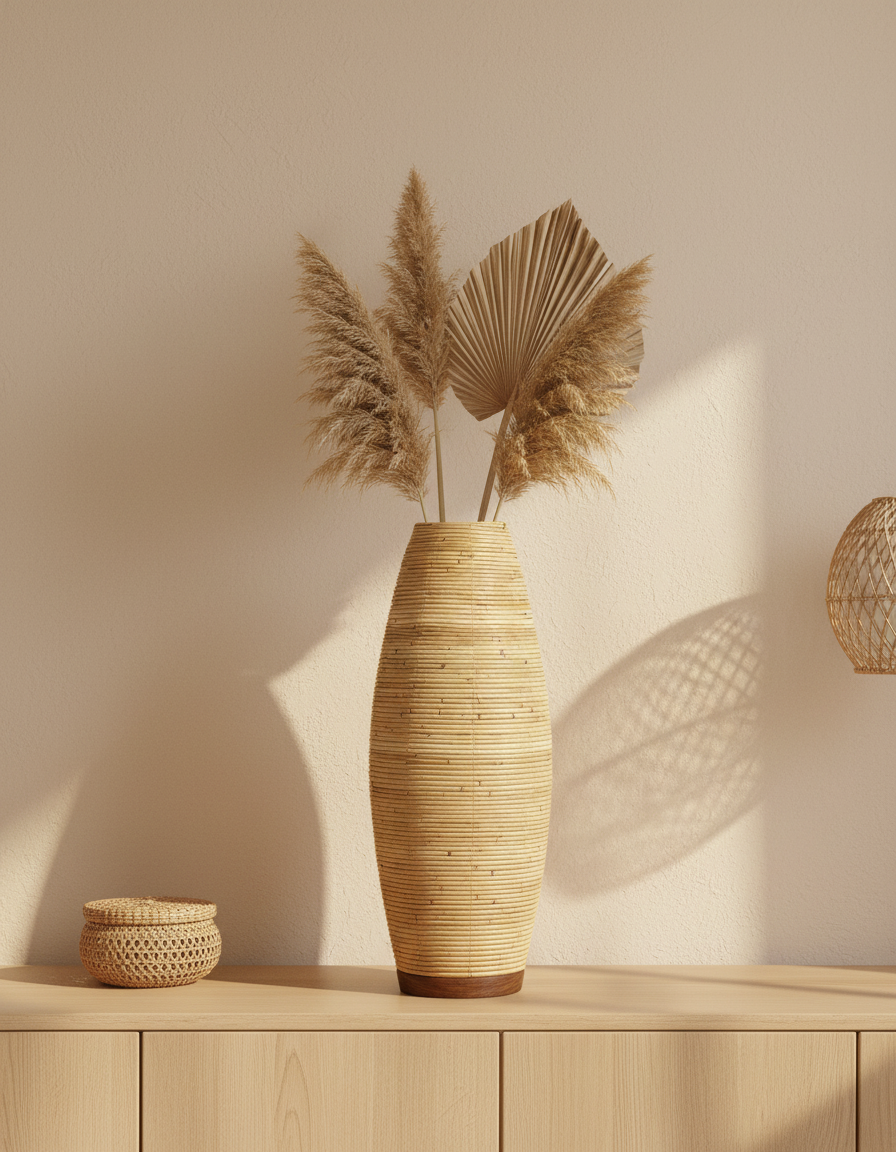 Rattan & Wood Vase styled in a minimalist boho-chic interior with earthy tones, dried pampas stems