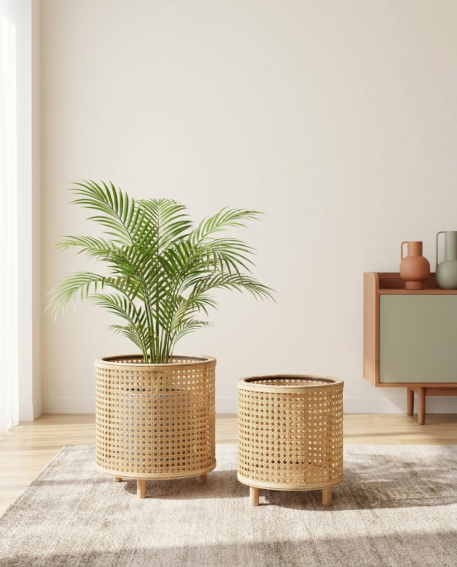 Woven rattan plant stand in a modern boho-chic interior with earthy pastel accents