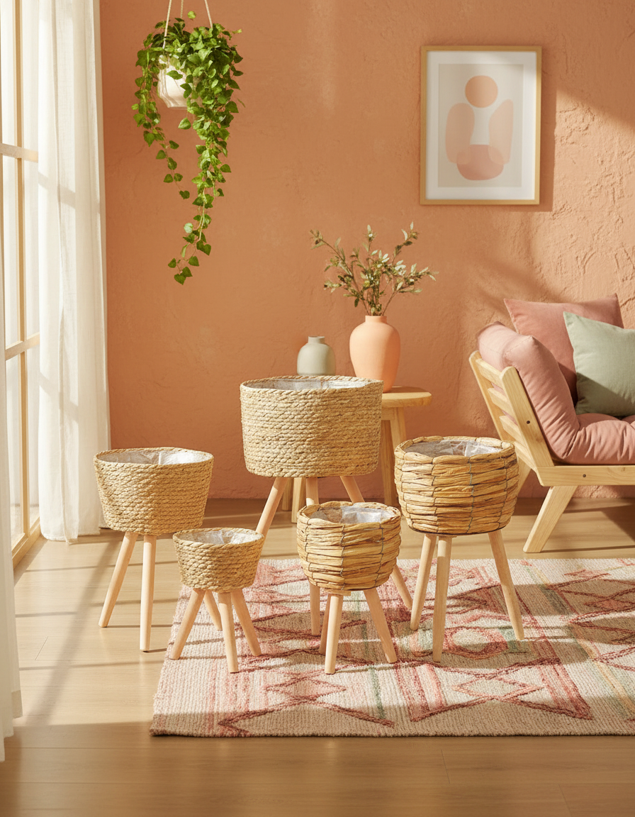 Moroccan rattan woven planter styled in a boho-chic home-decor interior with blush, apricot, dusty rose and sage palette