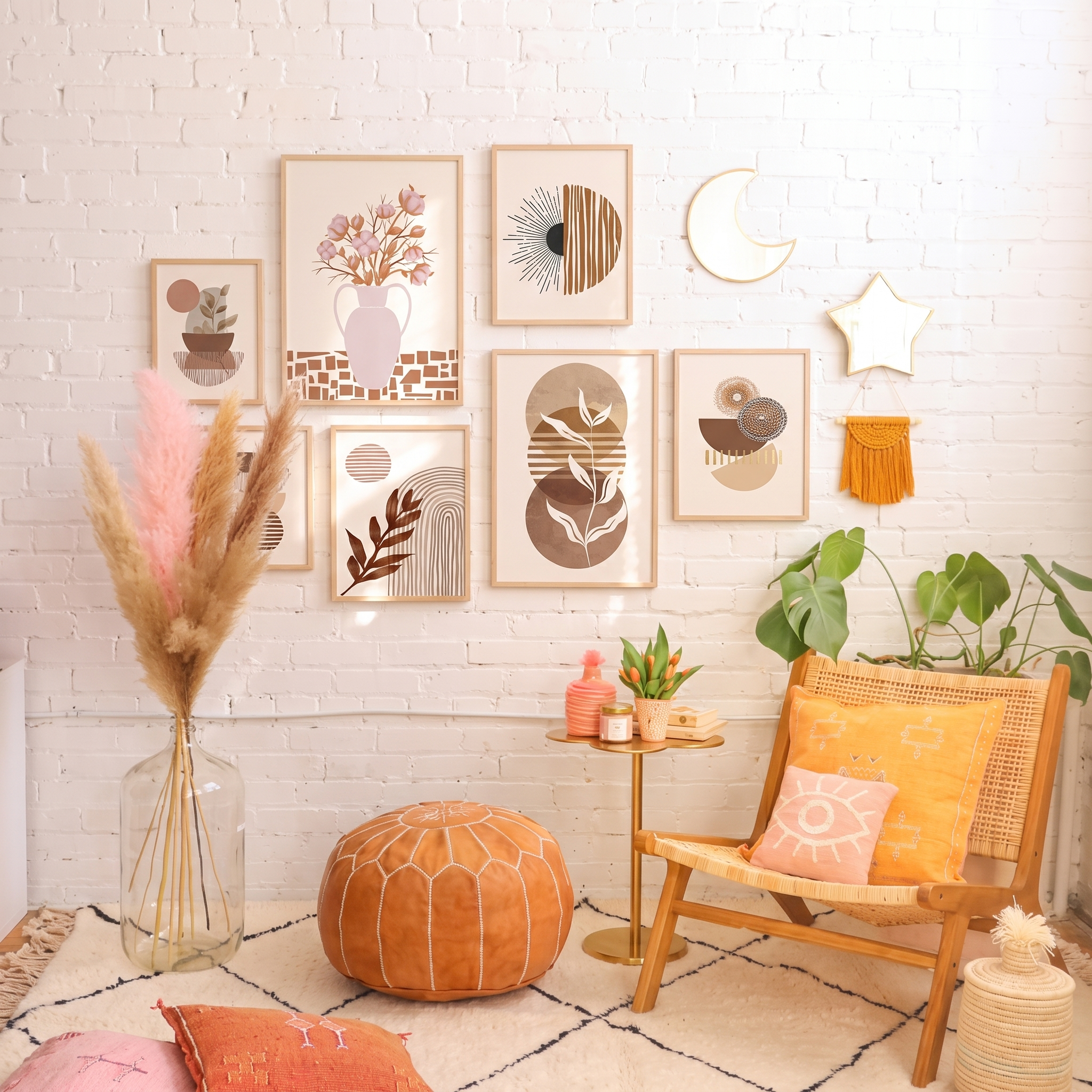 Line Leaves Geometric Abstract Boho Home Decor Painting